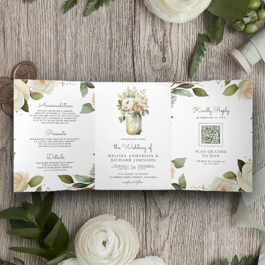 Invitation Trois Volets Roses Blanches Feuilles de Sauge Pot Mason Code QR