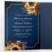 Invitation Trois Volets Roses de Bourgogne Sunflower Navy bleu QR Code Mar (Intérieur en premier)