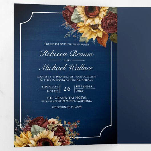 Invitation Trois Volets Roses de Bourgogne Sunflower Navy bleu QR Code Mar (Intérieur en premier)