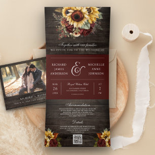 Invitation Trois Volets Roses de Bourgogne Tournesols Bois Code QR Mariage