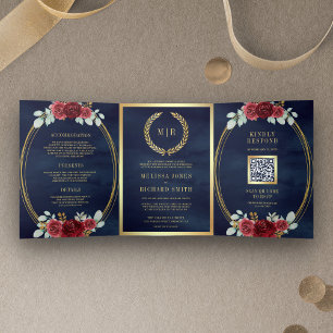 Invitation Trois Volets Roses de Bourgogne Tout en Un Code QR Mariage Mari