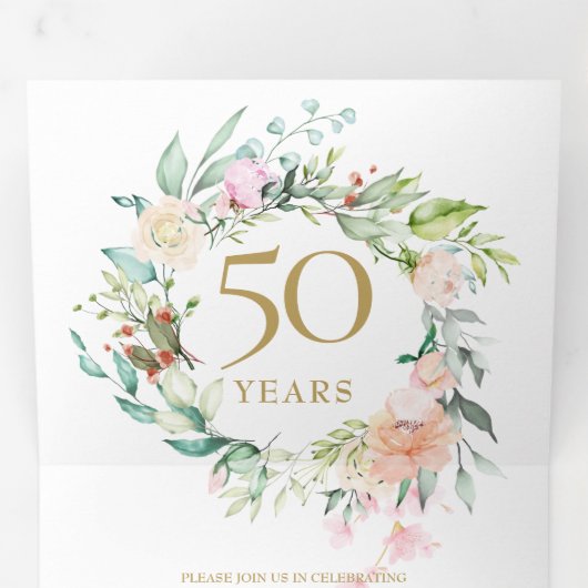 Invitation Trois Volets Roses florales de mariage d'anniversaire d'or 50e (Intérieur en premier)