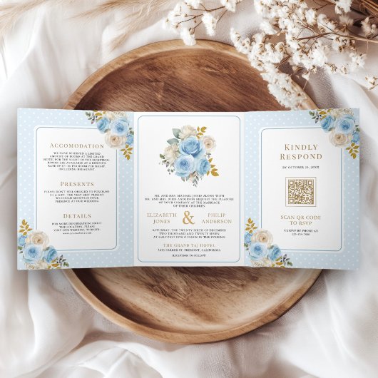 Invitation Trois Volets Roses floraux d'ivoire d'or bleu en un seul Mariag