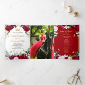 Invitation Trois Volets Roses Fuchsia Rouge Papillons Dorés Quinceañera (Intérieur)