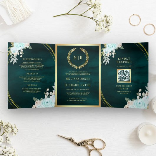 Invitation Trois Volets Roses Menthe Pastel Code QR Tout en Un Mariage Sar