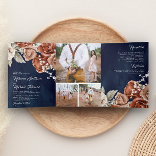 Invitation Trois Volets Roses Orange Brûlé Collage Photo Mariage Bleu Mari
