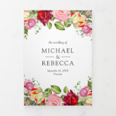 Invitation Trois Volets Roses romantiques rose et rouge Mariage de code QR (Page de couverture)