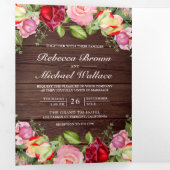 Invitation Trois Volets Roses romantiques roses et rouges Code QR Mariage (Intérieur en premier)