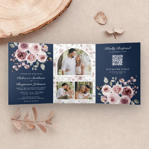 Invitation Trois Volets Roses roses roses bleu marine Code QR Mariage