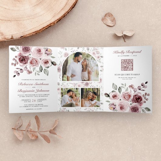 Invitation Trois Volets Roses roses roses Dusty All in One QR Code Mariage