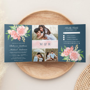 Invitation Trois Volets Roses roses rouges gênées Photo Collage Mariage bl