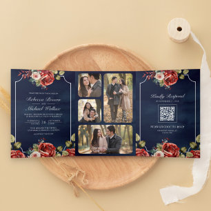 Invitation Trois Volets Roses Rouges Cadre Floral Bleu Nuit Code QR Mariag
