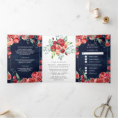 Invitation Trois Volets Roses rouges de Bourgogne moderne Floral Marine Ma (Intérieur)