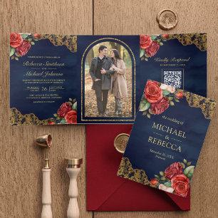 Invitation Trois Volets Roses rouges dentelle dorée marine Code QR Photo M