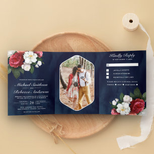 Invitation Trois Volets Roses Rouges et Magnolia Blanc Mariage Bleu Marine