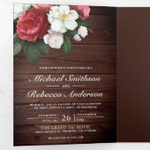 Invitation Trois Volets Roses rouges et Magnolia blanche Mariage en bois r (Intérieur en premier)