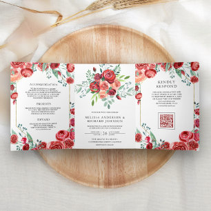 Invitation Trois Volets Roses Rouges Floral Tout en Un Code QR Mariage