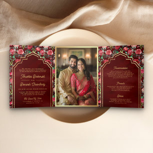 Invitation Trois Volets Roses Rouges Marron Floral Or Mariage Indien