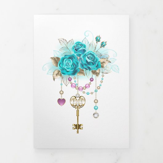 Invitation Trois Volets Roses turquoise avec touches (Page de couverture)