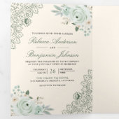 Invitation Trois Volets Roses vert sauge dentelle florale crème code QR ma (Intérieur en premier)