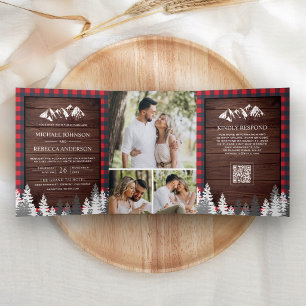 Invitation Trois Volets Rouge Buffalo Plaid Montagne QR Code Bois Mariage