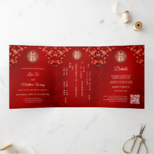 Invitation Trois Volets Rouge cerise en fleurs Mariage chinois