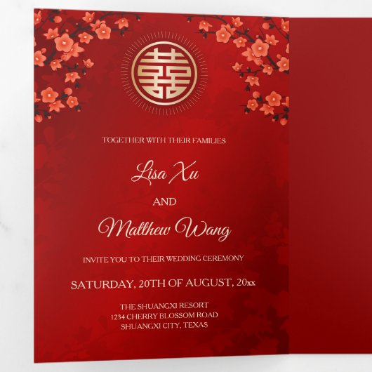 Invitation Trois Volets Rouge cerise en fleurs | Mariage chinois (Intérieur en premier)