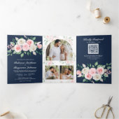 Invitation Trois Volets Rouge Floral Bleu Marine Code QR Mariage (Intérieur)