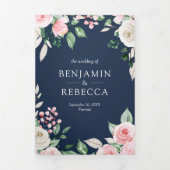 Invitation Trois Volets Rouge Floral Bleu Marine Code QR Mariage (Page de couverture)