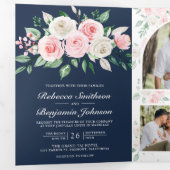 Invitation Trois Volets Rouge Floral Bleu Marine Code QR Mariage (Intérieur en premier)