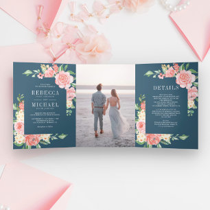 Invitation Trois Volets Rouge Floral Bloom Photo Bleu Poussiéreux Mariage