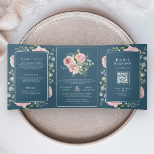 Invitation Trois Volets Rouge Floral Eucalyptus Bleu Poussiéreux Mariage