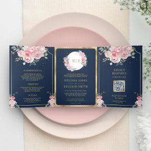 Invitation Trois Volets Rouge Foncé Fleurs Rose Mariage Tout en Un Bleu Ma