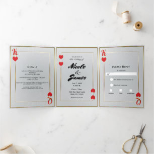 Invitation Trois Volets Rouge Or Roi & Reine de Cœur Casino Mariage Tr
