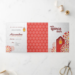 Invitation Trois Volets Rouge Orange Fleur Jaune Nuit Arabe Quinceañera