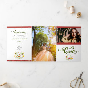 Invitation Trois Volets Rouge traditionnel mexicain Floral Photo Quinceane