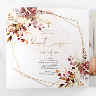 Invitation Trois Volets Rouille d'Orange Feuillage Aquarelle Bapteme