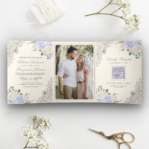 Invitation Trois Volets Rousse Crème Lavande Violet Floral Dentelle Mariag