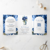 Invitation Trois Volets Royal Blue Floral Mason Jar QR Code Mariage (Intérieur)