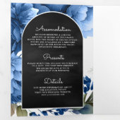 Invitation Trois Volets Royal Blue Floral Mason Jar QR Code Mariage noir (Intérieur en premier)