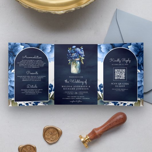Invitation Trois Volets Royal Blue Floral Mason Jar QR Code Marine Mariage
