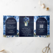Invitation Trois Volets Royal Blue Floral Mason Jar QR Code Marine Mariage (Intérieur)