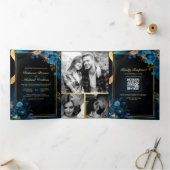 Invitation Trois Volets Royal Blue Gold Floral Marbre QR Code Mariage (Intérieur)