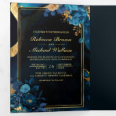 Invitation Trois Volets Royal Blue Gold Floral Marbre QR Code Mariage (Intérieur en premier)