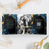 Invitation Trois Volets Royal Blue Gold Floral Marbre QR Code Mariage