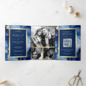 Invitation Trois Volets Royal Blue Gold Fluid Ink QR Code Mariage (Intérieur)