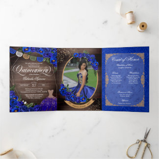 Invitation Trois Volets Royal Blue Rose Gold Charro Photo Quinceañera