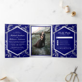 Invitation Trois Volets Royal Blue Silver Flourish Swirl Wedding Photo (Intérieur)