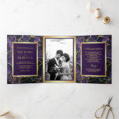 Invitation Trois Volets Royal Marbre violet Faux Gold Foil Mariage photo (Intérieur)