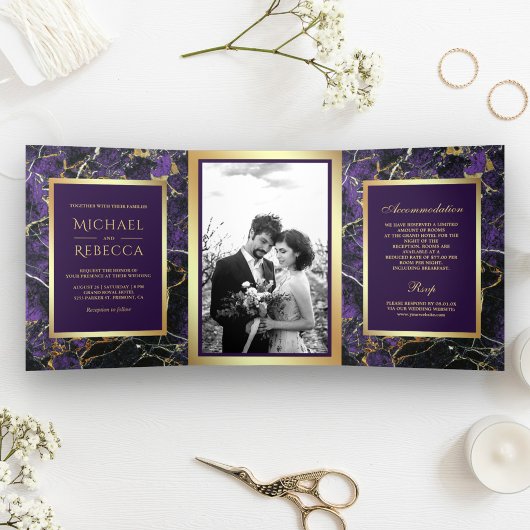 Invitation Trois Volets Royal Marbre violet Faux Gold Foil Mariage photo